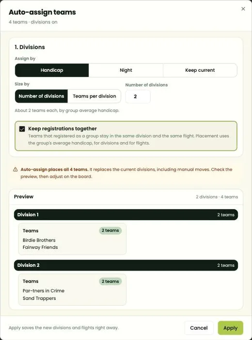 Auto-assign teams, with a live preview