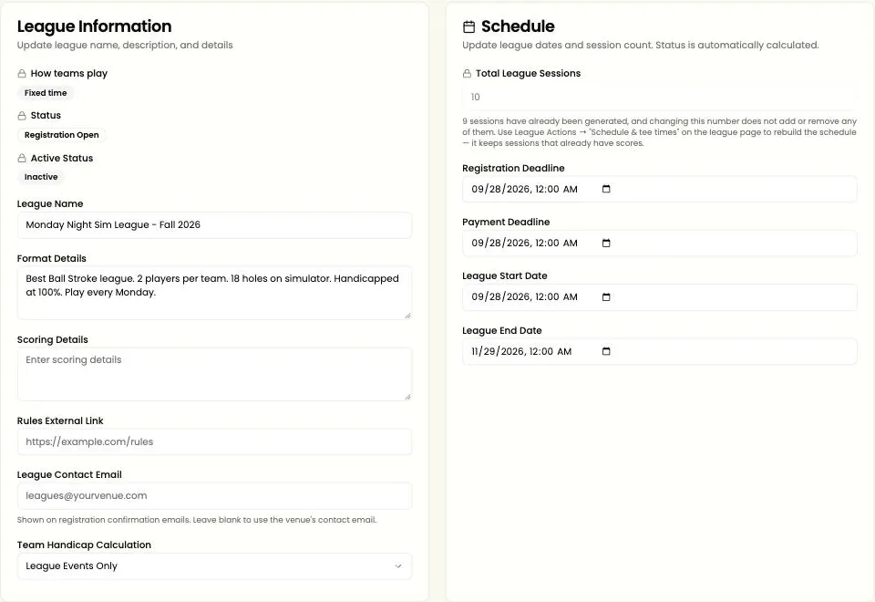 Edit League: league information and schedule