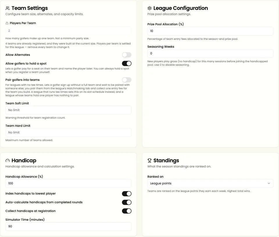 Edit League: team settings, handicap and standings