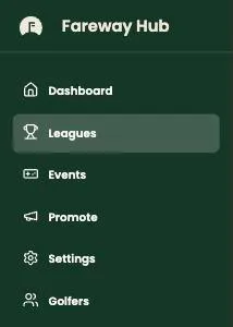 The Hub's main menu: Dashboard, Leagues, Events, Promote, Settings and Golfers