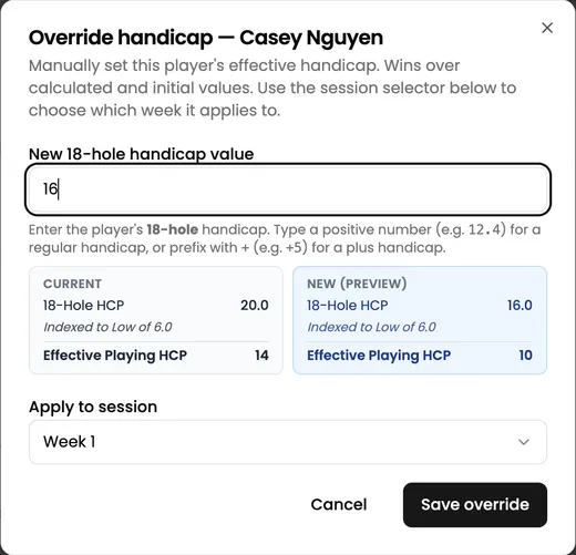 Override handicap, with a live preview