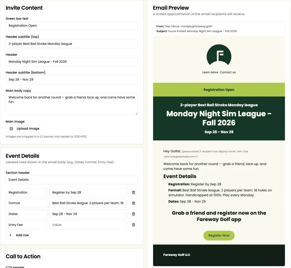 Invite content, event details and the live email preview