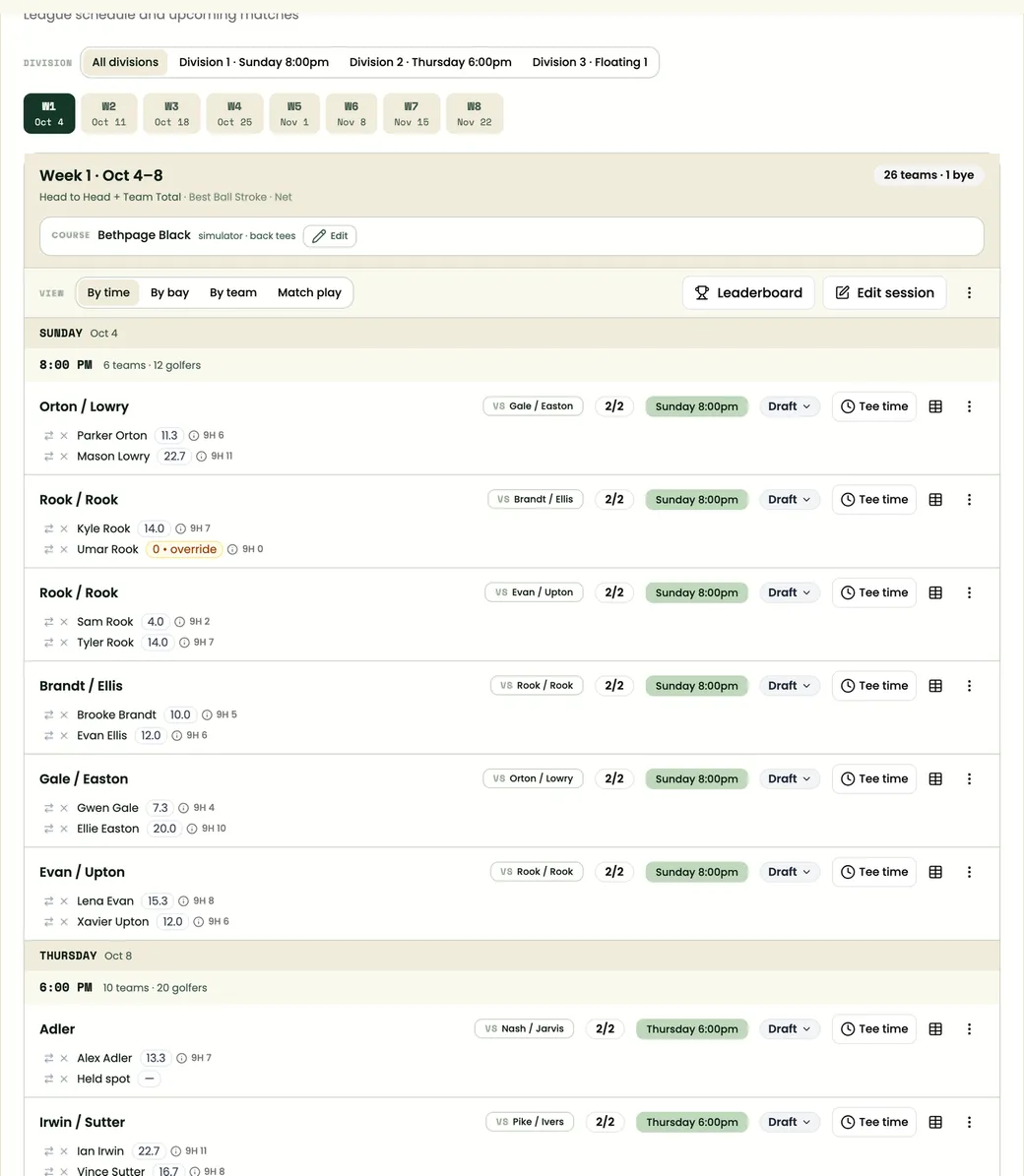 A drawn week on the Schedule tab: each team with its opponent and both golfers' handicaps