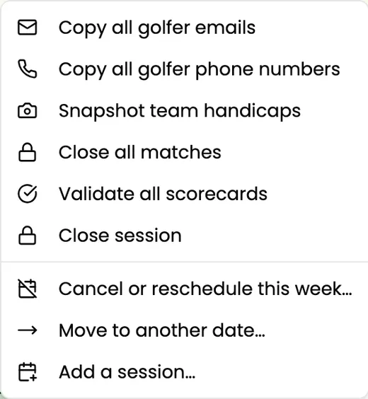 A match-play week's menu, with Validate all scorecards and Close all matches