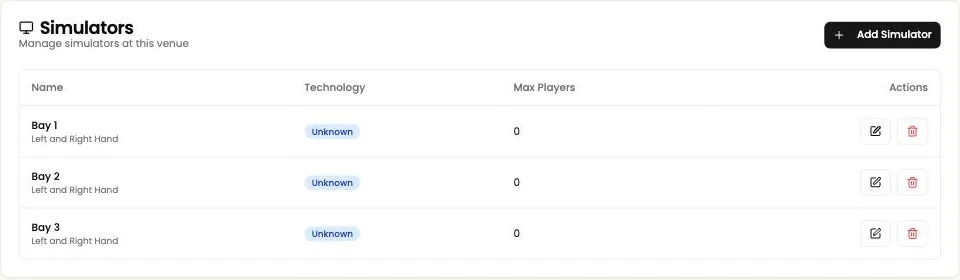 The Simulators list, with Add Simulator at the top right