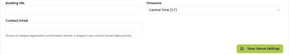 Timezone, Contact Email and the Save Venue Settings button