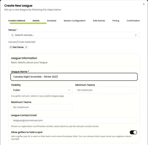League Information in the wizard