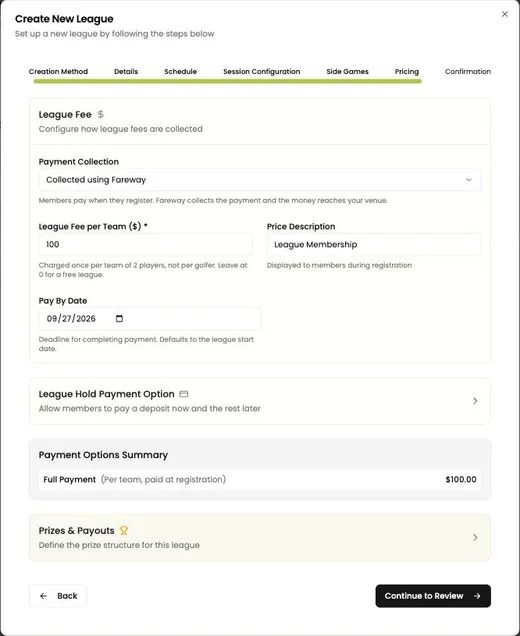 League fee, deposit option and payment summary