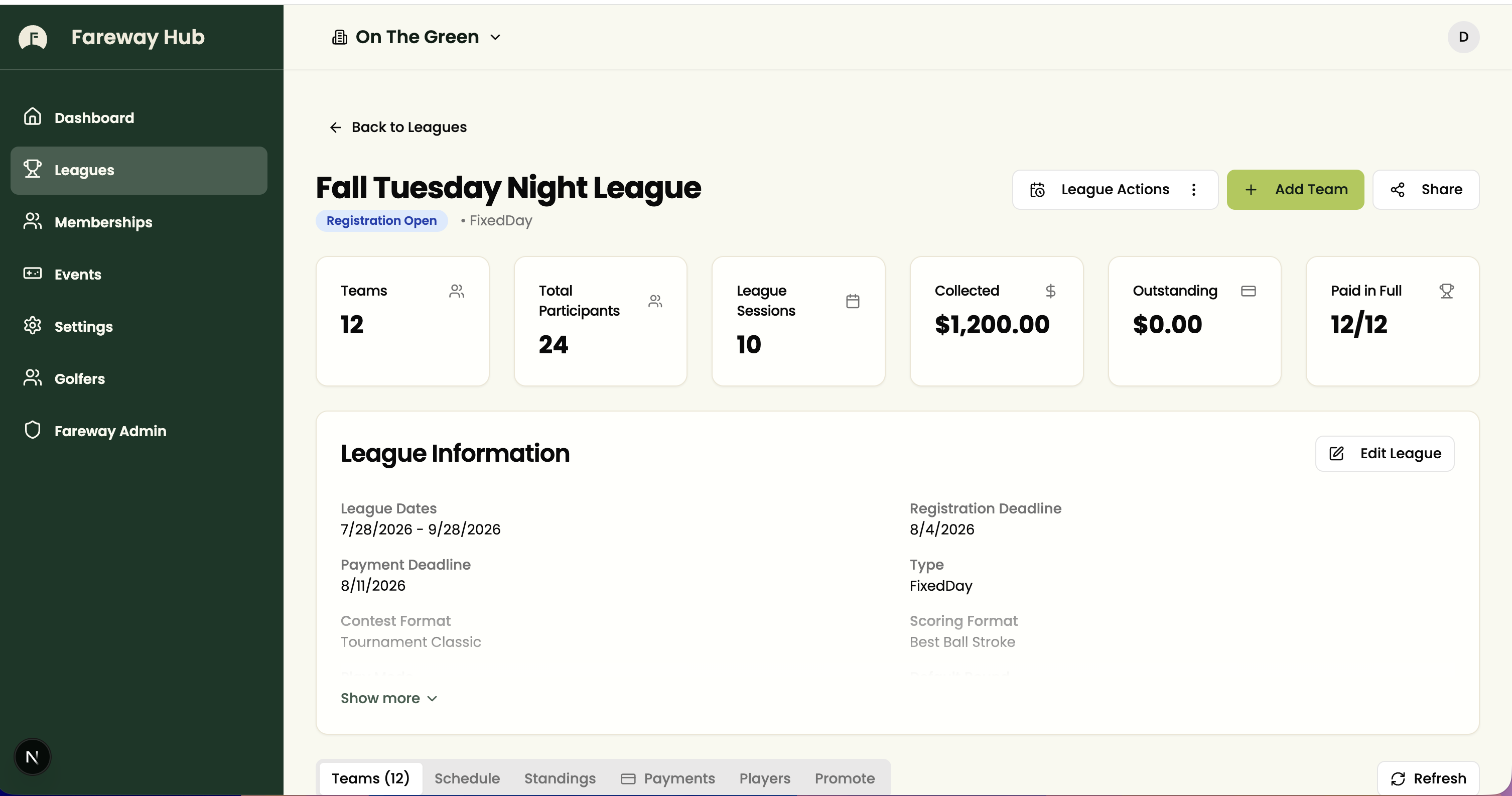 Fareway Hub — league dashboard