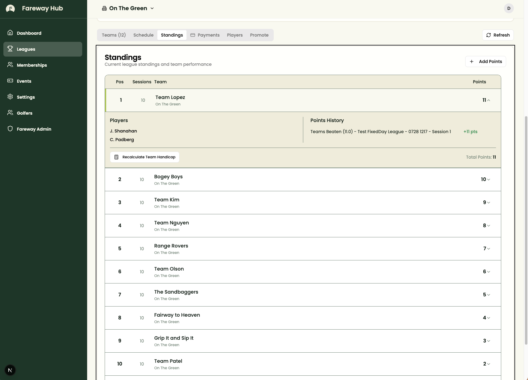 Fareway Hub — live league standings